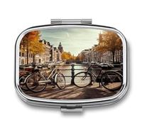 Bicycles in Amsterdam Pilulier décoratif à 2 compartiments en métal pour poche ou sac à main de voyage Boîte à médicaments portable pour vitamines, huiles de poisson et compléments alimentaires