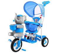 bICYCLETTE ENFANT À 3 ROUES ÉLÉPHANT BLEU + SONS + CAPOTE + GARDE-CORPS + REPOSE-PIEDS + POIGNÉE + PATINS + COMPARTIMENT DE RANGEMENT