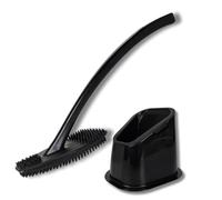bideo® Brosse WC en silicone noire - Avec support et fonction égouttoir - Picots flexibles à 360° pour nettoyage des bords et drain - Brosse WC noire - Durable - Sans poils