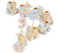 Bieco Train d'anniversaire en bois - Candy Look 0 à 99 ans avec 6 bougies - Décoration de table pour anniversaire d'enfant - Bougies d'anniversaire Train d'anniversaire pour fille - Couronne