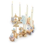 Bieco Train d'anniversaire en bois - Candy Look 0 à 99 ans avec 6 bougies - Décoration de table pour anniversaire d'enfant - Bougies d'anniversaire Train d'anniversaire pour fille - Couronne