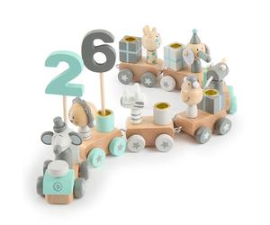 Bieco Train en Bois Scandi Look 0-99 Ans | Train à Chiffres 28 Pièces Longueur env. 48 cm | Bougies Anniversaire en Bois pour Enfants