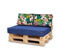 Bielik Coussin Palette 120x80 Set pour Palette, Impermeable Coussin pour Salon de Jardin UE, Complet pour Meuble Palette, 3 Pièces: L'assise 120x80cm + 2 Coussins 60x40cm (Bleu Foncé + Fleurs)