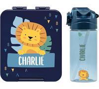 BIENMARQUER - Coffret avec gourde personnalisable pour enfants et boîte à goûter personnalisée en plastique pour enfants - Gourde avec paille, capacité 450 ml - 100% sans BPA (Bleu foncé)