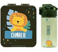 BIENMARQUER - Coffret avec gourde personnalisable pour enfants et boîte à goûter personnalisée en plastique pour enfants - Gourde avec paille, capacité 450 ml - 100% sans BPA (Vert armée)