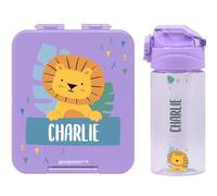 BIENMARQUER - Coffret avec gourde personnalisable pour enfants et boîte à goûter personnalisée en plastique pour enfants - Gourde avec paille, capacité 450 ml - 100% sans BPA (Lavende)