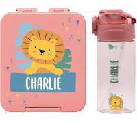 BIENMARQUER - Coffret avec gourde personnalisable pour enfants et boîte à goûter personnalisée en plastique pour enfants - Gourde avec paille, capacité 450 ml - 100% sans BPA (Vieux rose)
