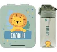 BIENMARQUER - Coffret avec gourde personnalisable pour enfants et boîte à goûter personnalisée en plastique pour enfants - Gourde avec paille, capacité 450 ml - 100% sans BPA (Vieux vert)