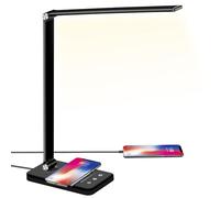 BIENSER Lampe de Bureau LED, 10W Chargeur Induction & USB, 10 Luminosités × 5 Couleurs, Lampe de Table Dimmerable, Protection des Yeux, Contrôle Tactile, Fonction Mémoire, 30/60min Minuterie Auto, 20W
