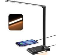 BIENSER Lampe de Bureau LED, 560LM Lampe de Table avec 5 Couleurs & 10 Niveaux de Luminosité, Dimmable, Protection des Yeux, Veilleuse, Port USB, Fonction Mémoire, Minuterie Auto 30 Min, 6000K, 10W