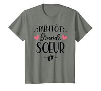 Bientôt Grande Sœur - Humour Annonce Naissance 2ème Enfant T-Shirt, Enfant, Vert Kaki chiné, 4 Ans