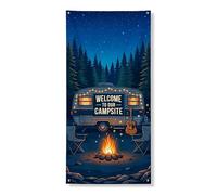 Bienvenue à notre bannière de couverture de porte de camping, décoration de camping rustique vintage, décoration intérieure ou extérieure, vacances d'été, 91,4 x 182,9 cm