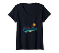 Bienvenue chez Paradise Tropical Beach Vacation T-Shirt avec Col en V, Femme, Noir, XXL