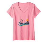 Bienvenue chez Paradise Tropical Beach Vacation T-Shirt avec Col en V, Femme, Rose, XL