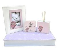 Bienvenue dans le monde : coffret cadeau thème éléphant avec album, horloge de table et parfum nouveau-né naissance (Rose)