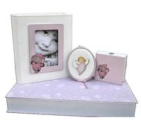 Bienvenue dans le monde : coffret cadeau thème éléphant avec album, parfum avec baguettes et suracul, avec carillon nouveau-né naissance (rose)