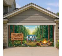 Bienvenue dans notre housse de porte de garage de camping, scène de camping en forêt vintage, décoration extérieure, nature verte et bleu pour festivals d'été et d'automne, 397 x 180 cm