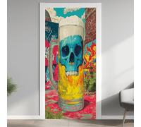 Bière Skull Effet 3D Sticker Porte, Mur de Briques Graffiti Papier Autocollant Porte Mural Décoration, Gothique Amusant Stickers Muraux Amovible PVC 77x200 cm