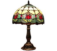 Bieye L30020 Tulip Flower Style Lampe de table en verre teinté de style Tiffany Veilleuse avec 12 pouces de largeur Main Abat-jour Base en métal pour chambre à coucher en forme de chevet