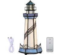 Bieye L30776 Lampe de table décorative en verre teinté style Tiffany, style phare, veilleuse pour la décoration de la maison (Bleu 2 avec télécommande, 12 cm x 12 cm x 27 cm)