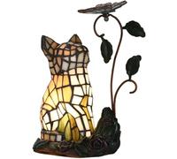 Bieye L30891 Lampe de table d'appoint en vitrail style Tiffany en forme de chat - Adorable chat orange observant un papillon - 25,4 cm de hauteur