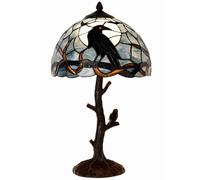 Bieye L30956 Lampe de table en verre teinté de style Tiffany Raven assis sur une branche d'arbre nue dans la nuit de pleine lune pour la décoration intérieure (Bleu foncé, 12Lx20H)