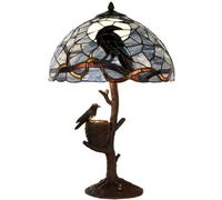 Bieye L30968 Lampe de table en verre teinté de style Tiffany Raven assis sur une branche d'arbre nue dans la nuit de pleine lune pour la décoration intérieure (Bleu foncé, 16L x 24H Nid)