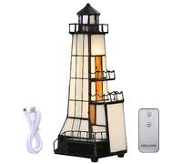 Bieye Lampe d'appoint et veilleuse en vitrail style Tiffany, motif phare avec plateforme d'observation - Décoration d'intérieur(Marron avec télécommande, 10P x 15l x 28H CM)