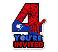 Bifez Lot de 20 cartons d'invitation pour 4ème anniversaire de garçon à paillettes en forme de super-héros 4 ans avec enveloppes