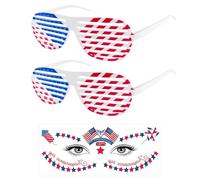 BIFHIG 2 Paires De Lunettes, 1 Autocollant De Maquillage Pour Le Visage, Lunettes De Drapeau Américain, Autocollants De Tatouage À Thème Patriotique, Décorations De Fête Du Jour De L'Indépendance.
