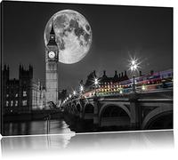 Big Ben à Londres en face de la lune noir / blanc Taille: 100x70 sur toile, énorme XXL Photos complètement encadrée avec civière, art impression sur murale avec cadre, moins cher que la peinture ou la peinture à l'huile, aucune affiche ou un poster