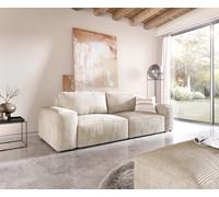 Big canapé Lanzo 230x95 cm velours côtelé beige avec pouf