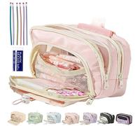 Big Capacity Pencil Case, 3 Compartments Simple Storage Aesthetic Pencil Case Organizer, Kawaii Canvas Large Capacity Pencil Pouch, Front Window Design, Dirty-Resistant, Simple (Pink)