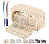 Big Capacity Pencil Case, 3 Compartments Simple Storage Aesthetic Pencil Case Organizer, Kawaii Canvas Large Capacity Pencil Pouch, Front Window Design, Dirty-Resistant, Simple (Beige)