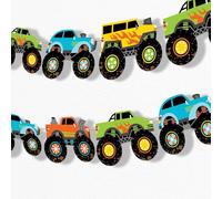 Big Dot of Happiness Guirlande de camion monstre, décorations de fête d'anniversaire d'enfants, bannière Smash and Crash, toile de fond, 9,1 m de cordon, 15 camions monstres double face