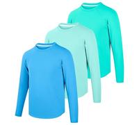 BIG ELEPHANT Lot de 3 t-shirts UV à manches longues pour garçon - UPF 50+, séchage rapide, respirant, col rond, vert turquoise, bleu ciel, bleu brouillard, 10-11 ans