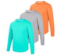 BIG ELEPHANT Lot de 3 t-shirts UV à manches longues pour garçon - UPF 50+, séchage rapide, respirant, col rond, Orange/gris clair/vert turquoise, 12-13 ans