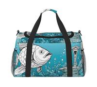 Big Fish Print Sac de sport de voyage pour femme - Sac fourre-tout de gym avec compartiment, sac fourre-tout pour homme, sac fourre-tout pour femme, sac à main de week-end pour femme, Noir , Taille