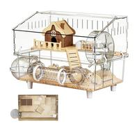 Big Hamster Cage - 2 Layer Acrylic Wood Habitat, External Bathroom Water Bottle, Large Clear House | Double Level Observation Crate, Indoor Playpen for Chinchillas Guinea Pigs Small Pet