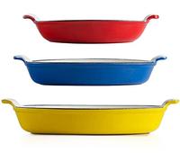 Big Smoke's Lot de 3 plats à lasagnes en fonte émaillée pour la cuisson, le rôti, le braisage et l'ébullition | Cocottes polyvalentes pour cuisiner et servir en jaune, bleu et rouge