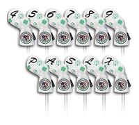 BIG Teeth Golf Iron Head Covers Long Neck 11pcs Set Golf Club Protector Elastic Closure Number Tag White PU Leather Green Lucky Clover Pattern