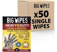 Big Wipes Heavy Duty Pro+ Lingettes pour les mains x50 sachets simples, enlève la peinture, l'huile, mousse PU et autocollants, enrichies en aloe vera et vitamine E, lingettes professionnelles