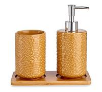BigBuy Home Ensemble de Salle de Bain carré céramique Bambou Camel (3 pièces)