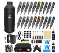 Bigcan Kit de stylo à tatouage rotatif - Machine de tatouage compact avec moteur sans nacre de 9000 tr/min, alimentation électrique, 10 encres et 20 cartouches pour artistes,Noir