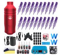Bigcan Kit de stylo à tatouage rotatif - Machine de tatouage compact avec moteur sans nacre de 9000 tr/min, alimentation électrique, 10 encres et 20 cartouches pour artistes,Rouge