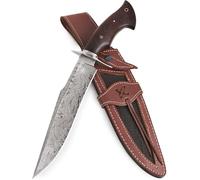 BIGCAT ROAR Screaming Eagle II - Long Couteau Artisanal en Acier Damas 38 cm - Manche Bois de Noyer et Étui Cuir - Couteau d’extérieur - Cadeau Aventurier ou Collectionneur - EDC