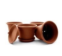 BigDean Lot de 4 pots de fleurs ronds avec soucoupe, diamètre : 25 cm, terre cuite, résistants aux intempéries, fabriqués en Europe