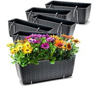 BigDean Lot de 6 jardinières pour balustrade de balcon - Aspect rotin - Anthracite - Avec support en métal - 39 x 15,5 x 14 cm - Avec système d'irrigation