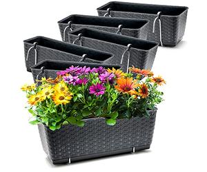 BigDean Lot de 6 jardinières pour balustrade de balcon - Aspect rotin - Anthracite - Avec support en métal - 39 x 15,5 x 14 cm - Avec système d'irrigation