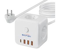Bigfish 7 en 1 Multiprise USB Cube avec Interrupteur, Multiprise Parafoudre et Rallonge Electrique 3M, Prise USB Multiple avec 1C et 3A pour Domicile, Bureau, Voyage